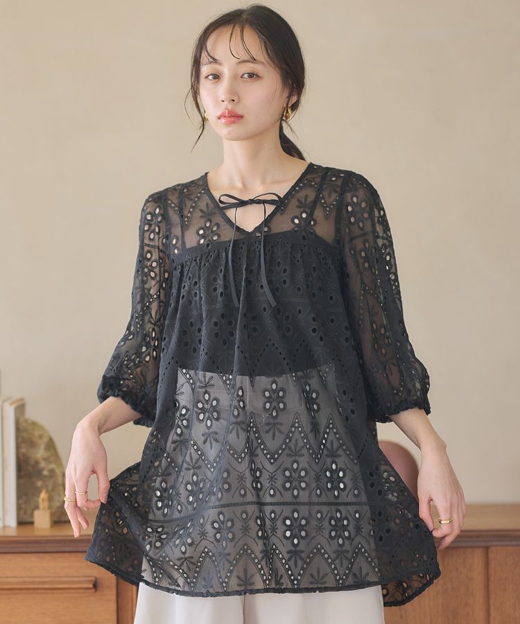 パフスリーブ楊柳刺繍チュニック/earth music&ecology（アース