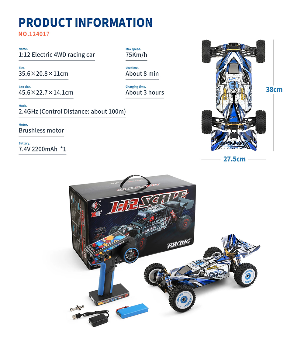 WLtoys 124017-V8 RC Racing Car 1/12 2.4G 4WD 75km/h Metal Chassis
