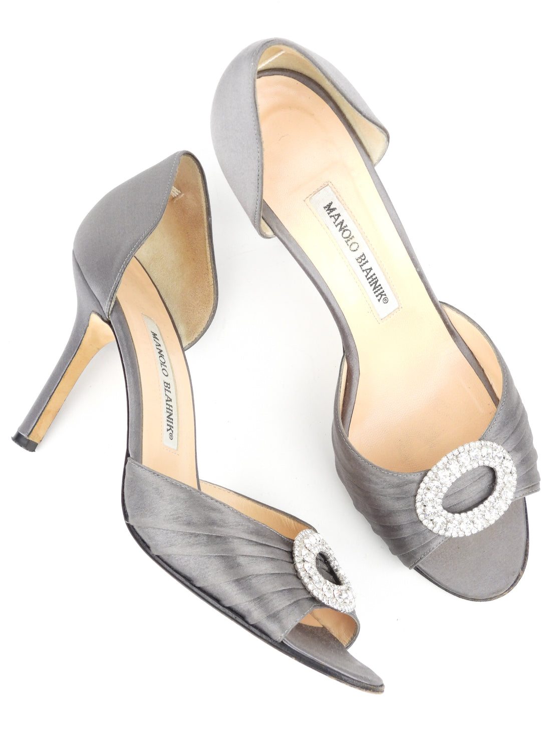 Manolo Blahnik Grey Satin Sedaraby Crystal Embellished Peep Toe D