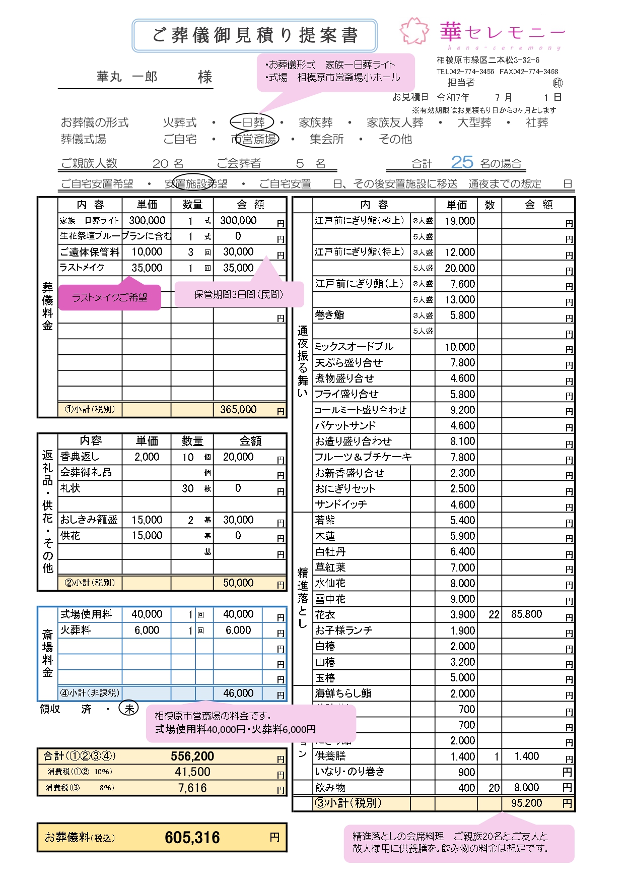 華セレモニーお見積もりフォーム｜実際のお見積もり提案書・御請求書