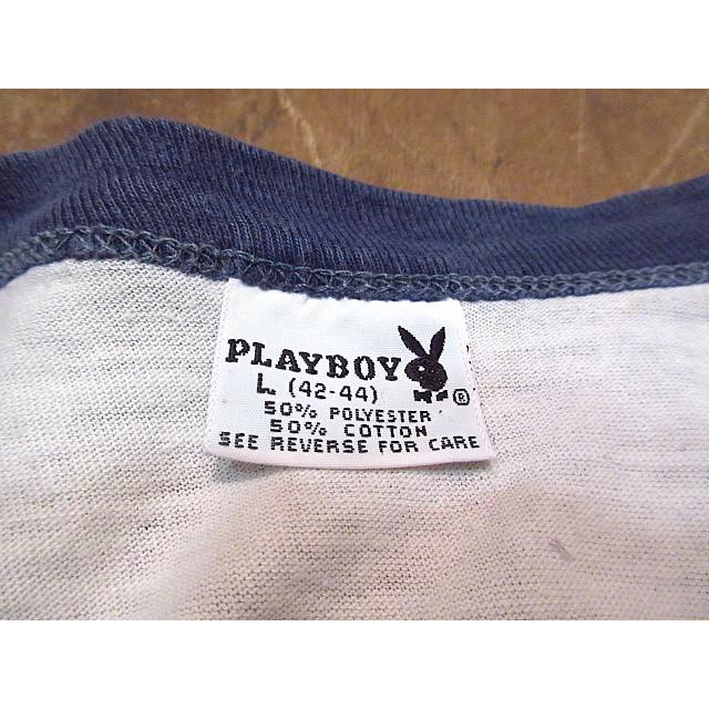 ビンテージ70's☆PLAYBOYリンガーTシャツ白×紺size L(42-44)☆200517n2