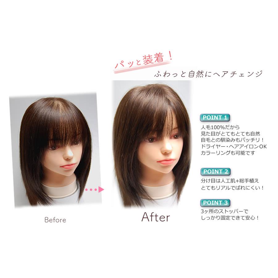 人毛100％ ヘアピース 分け目 部分ウィッグ 軽くて自然な総手植え 白髪