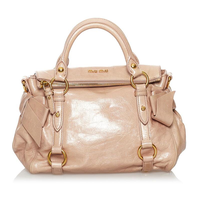 miu miu（ミュウミュウ） リボン ベージュ ピンク レザー ハンドバッグ