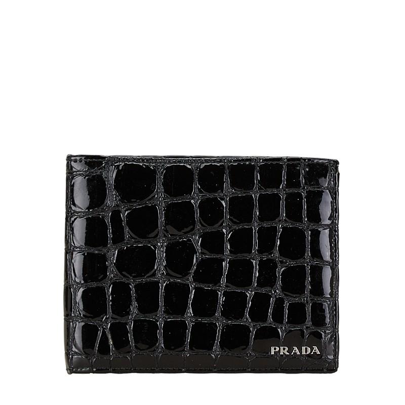 PRADA（プラダ） クロコ型押し 二つ折り財布 ブラック エナメル