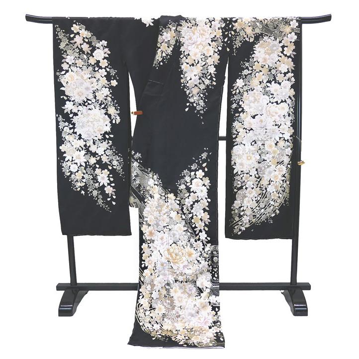 仕立て付 正絹振袖 単品 花 桜 f-171-t 黒 丹後ちりめん 刺繍 新品購入