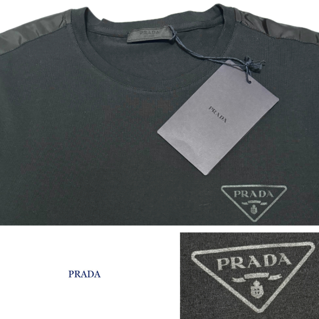 プラダ メンズ 異素材mix クルーネックロゴTシャツ 黒 #L#XL PRADA
