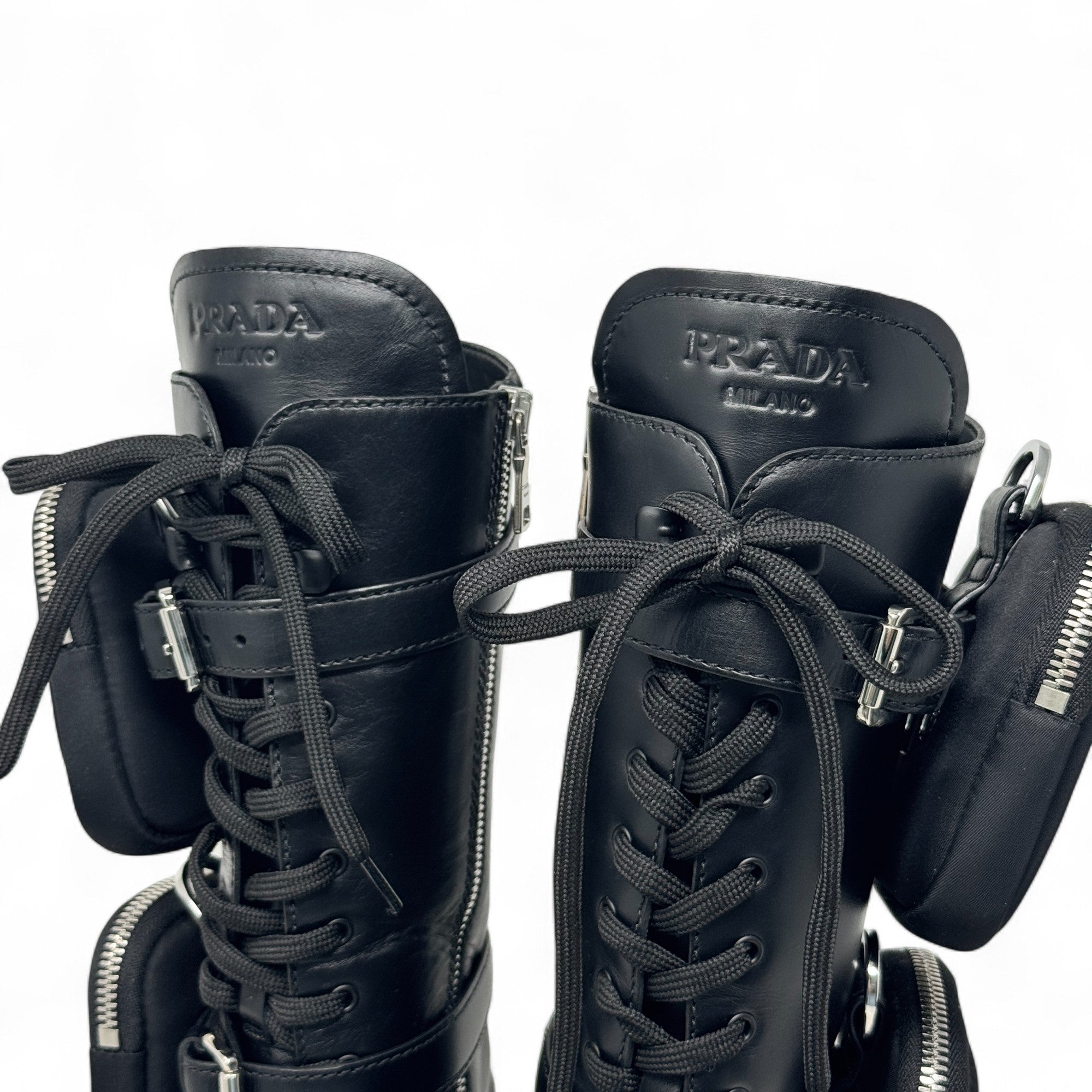 Prada Black Brushed Tall Monolith Combat Boots 37 | Jadore Couture