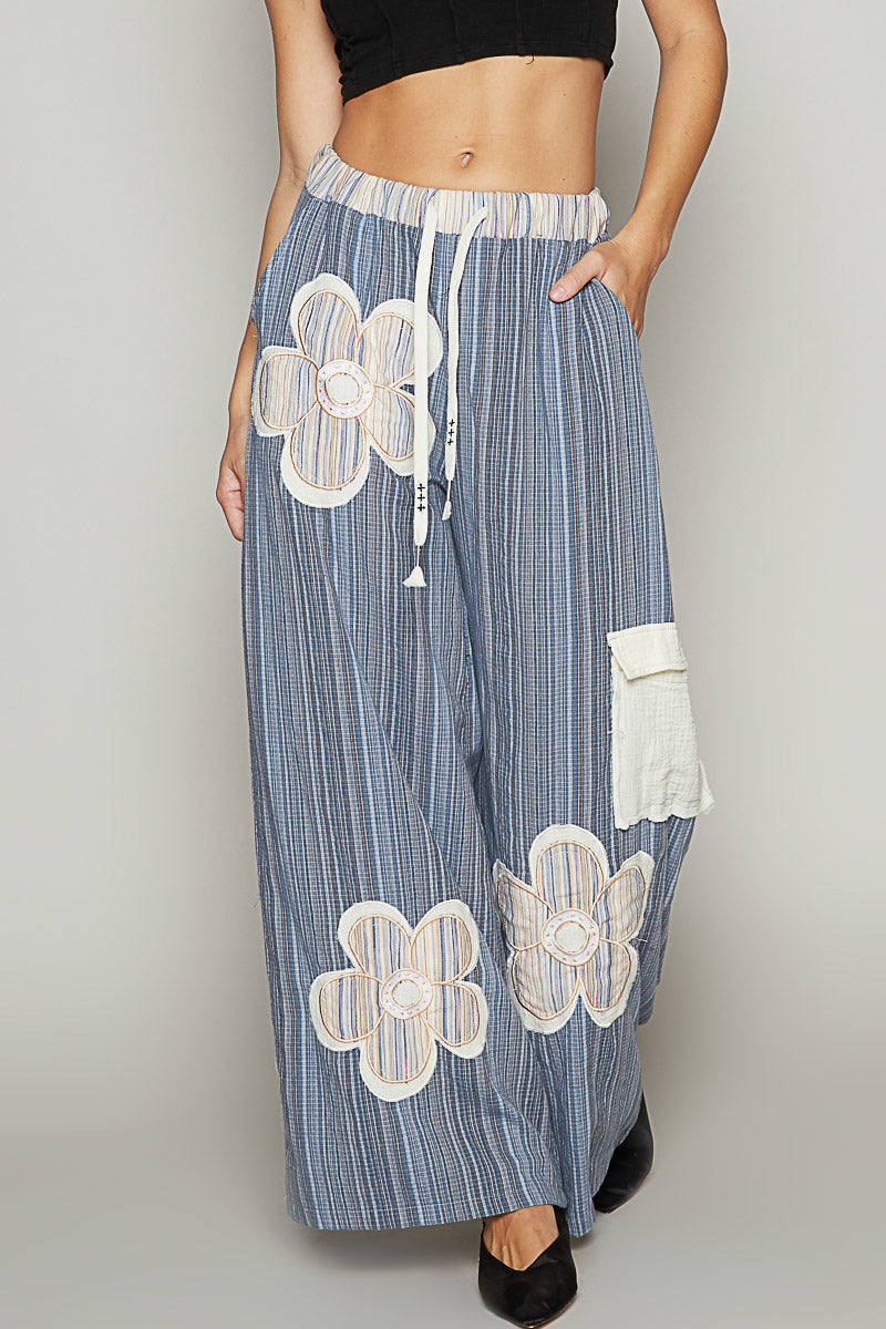 POL Multi Colored Striped Woven Pants with Flower Patches in Navy