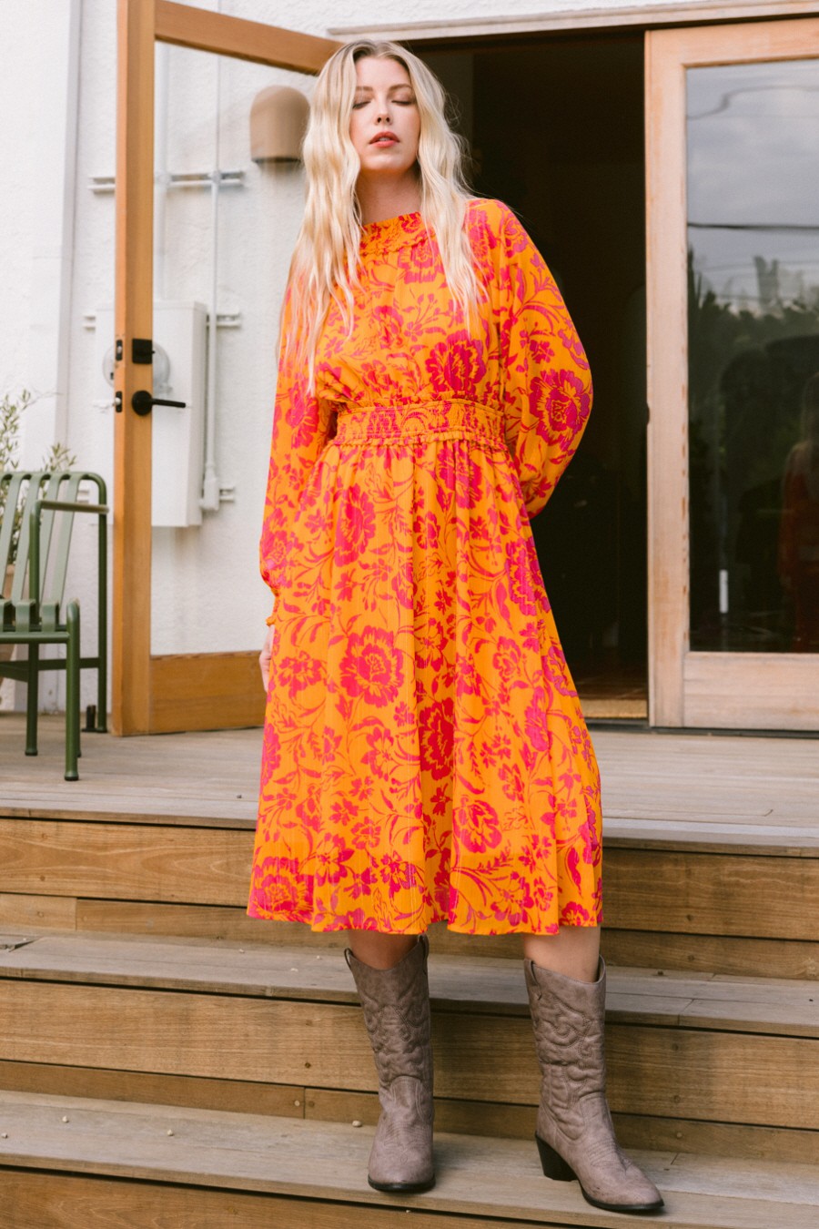 Oddi Vibrant Floral Print Midi Dress Orange-Fuchsia – June Adel