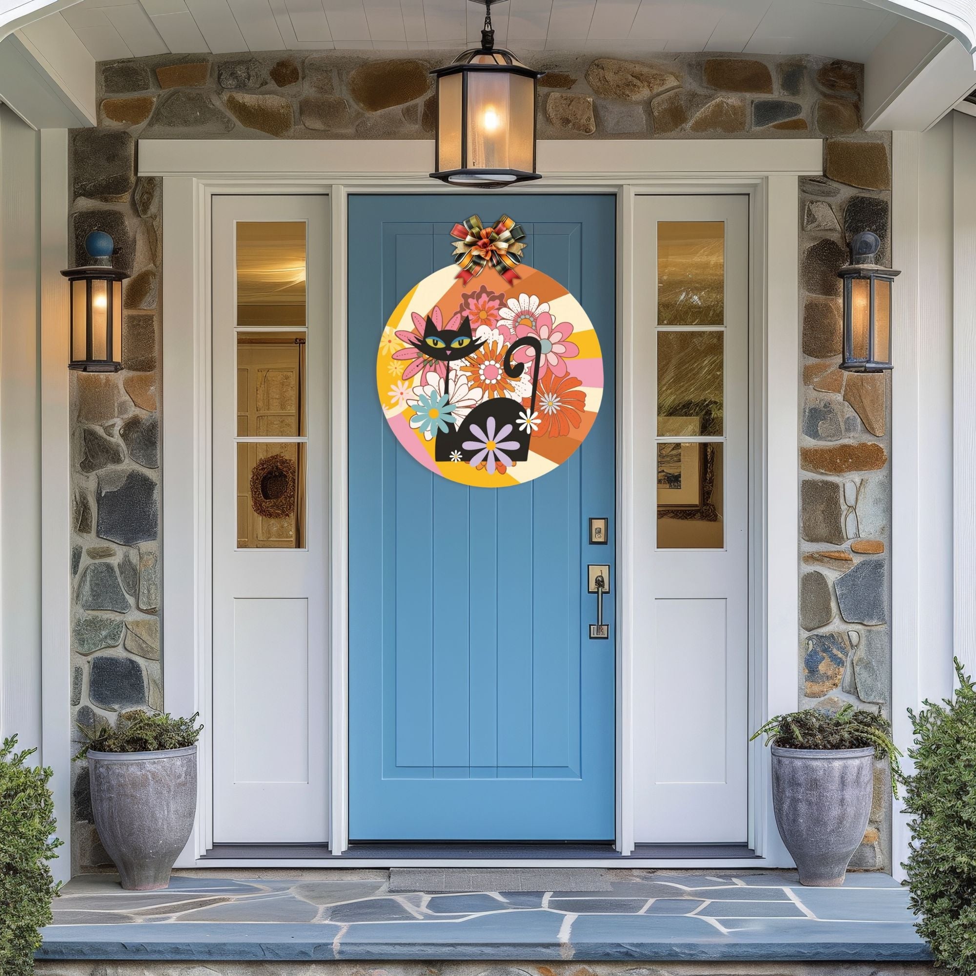 Atomic Cat Groovy Floral Door Sign, Retro 70s Mod Wood Hanger, Mid