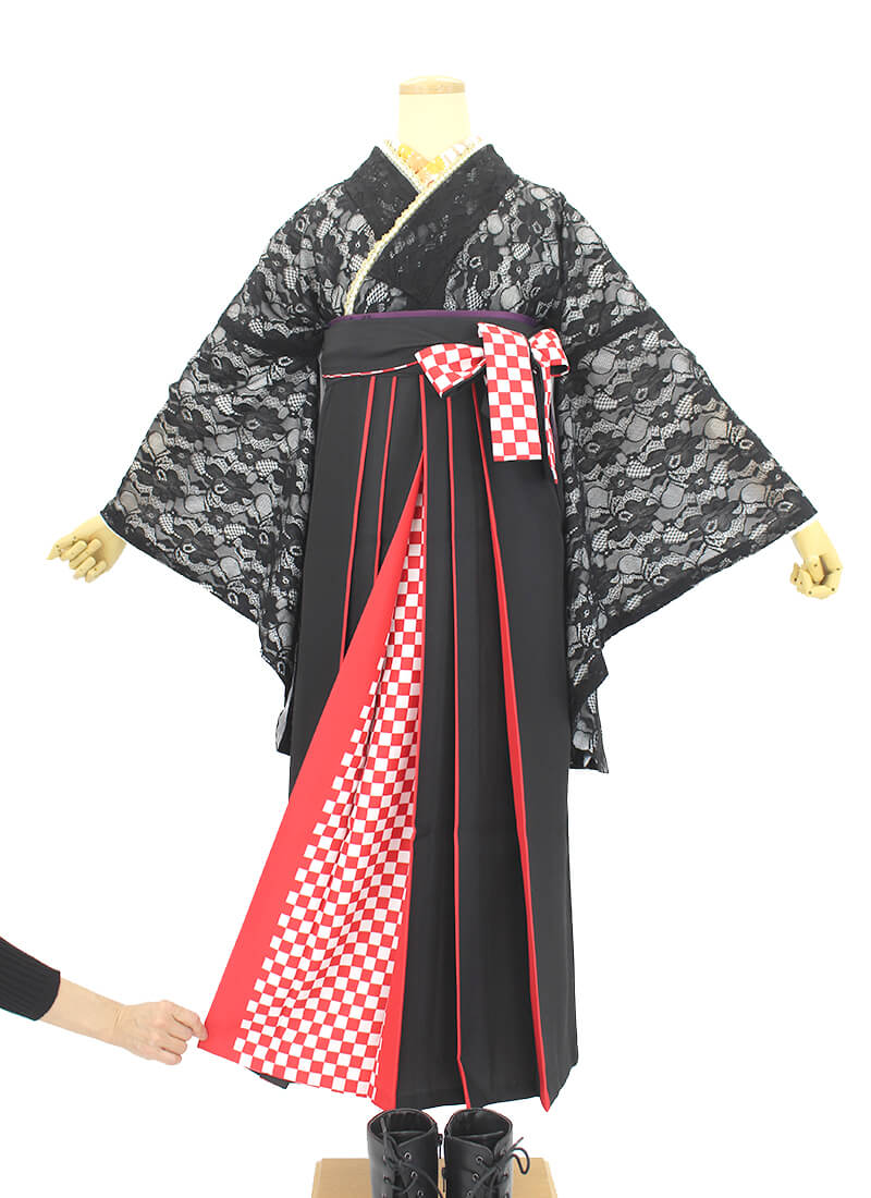 袴 レンタル｜卒業式 袴 二尺袖｜黒レース×黒赤 袴｜7114-00022｜着物