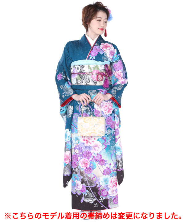 振袖レンタル｜青緑に桜鈴｜F0125｜LL｜宅配着物レンタル・一式フル