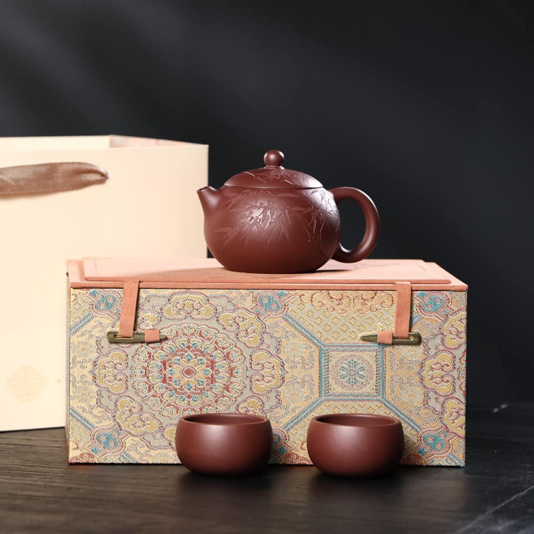 宜興紫砂壺套裝茶具禮盒紫泥西施壺一壺2杯-經典款式精美雕刻優質泥料