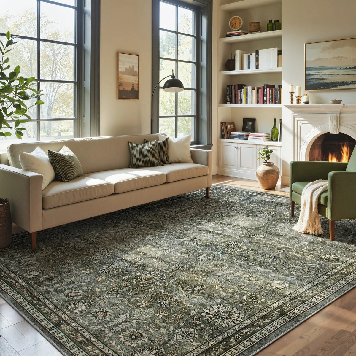 Washable Dark Green Vintage Persian Rug | Mirae Classic Style - Lahome