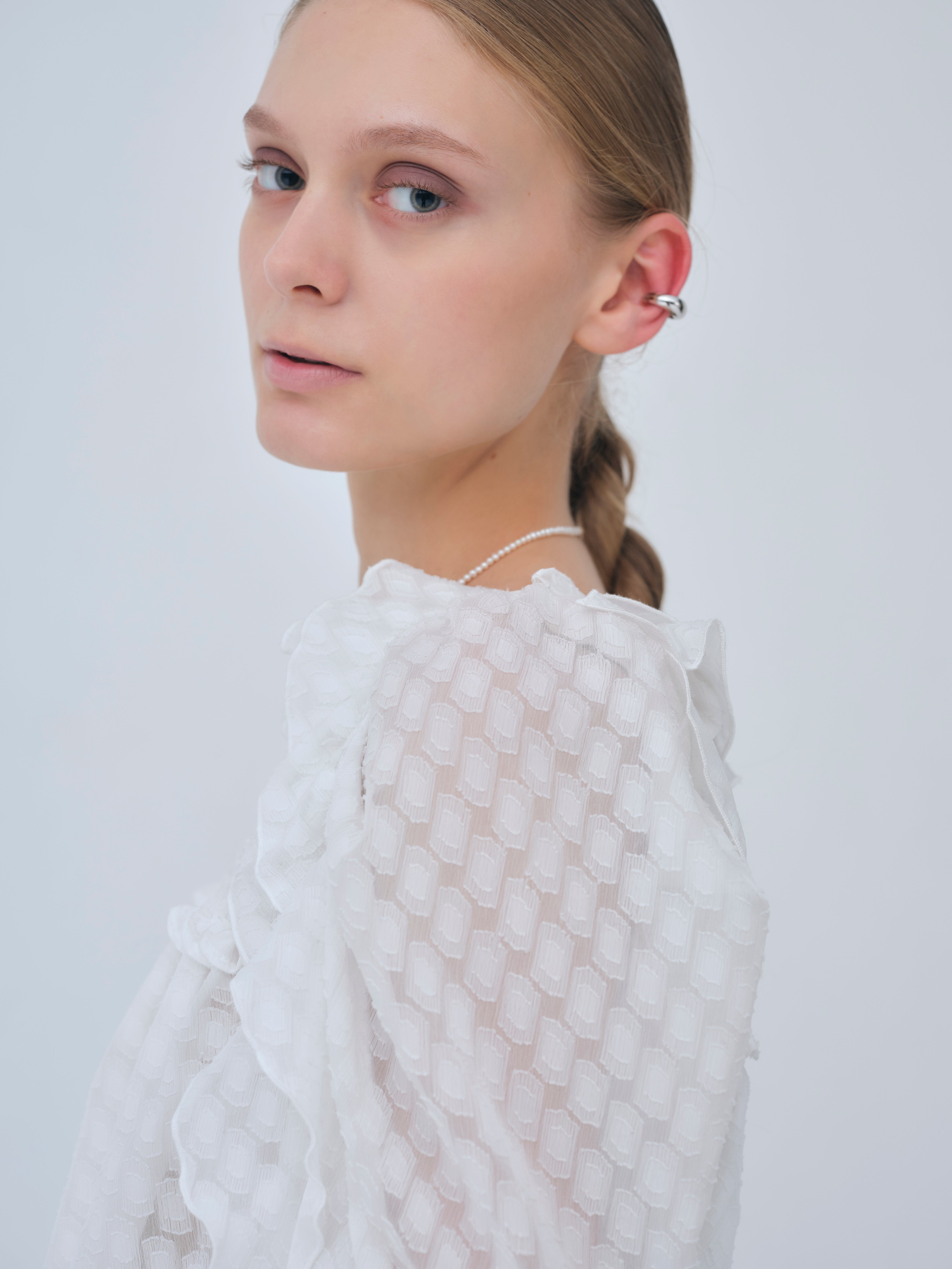 Sheer Jacquard Frill Blouse – L'AUBE BLANC