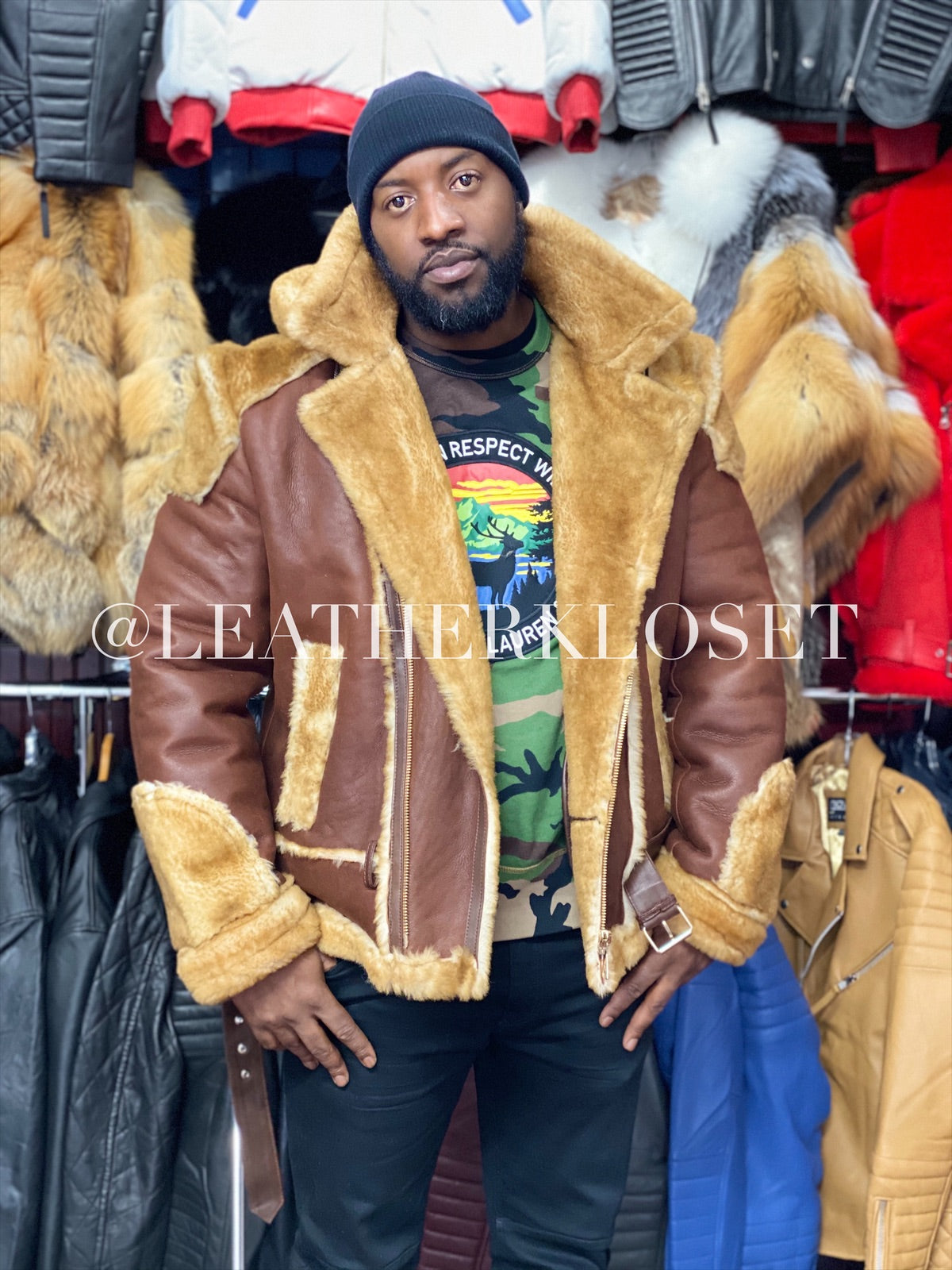 Mens Andre Shearling Biker Classic With Hood [Cognac] – LeatherKloset