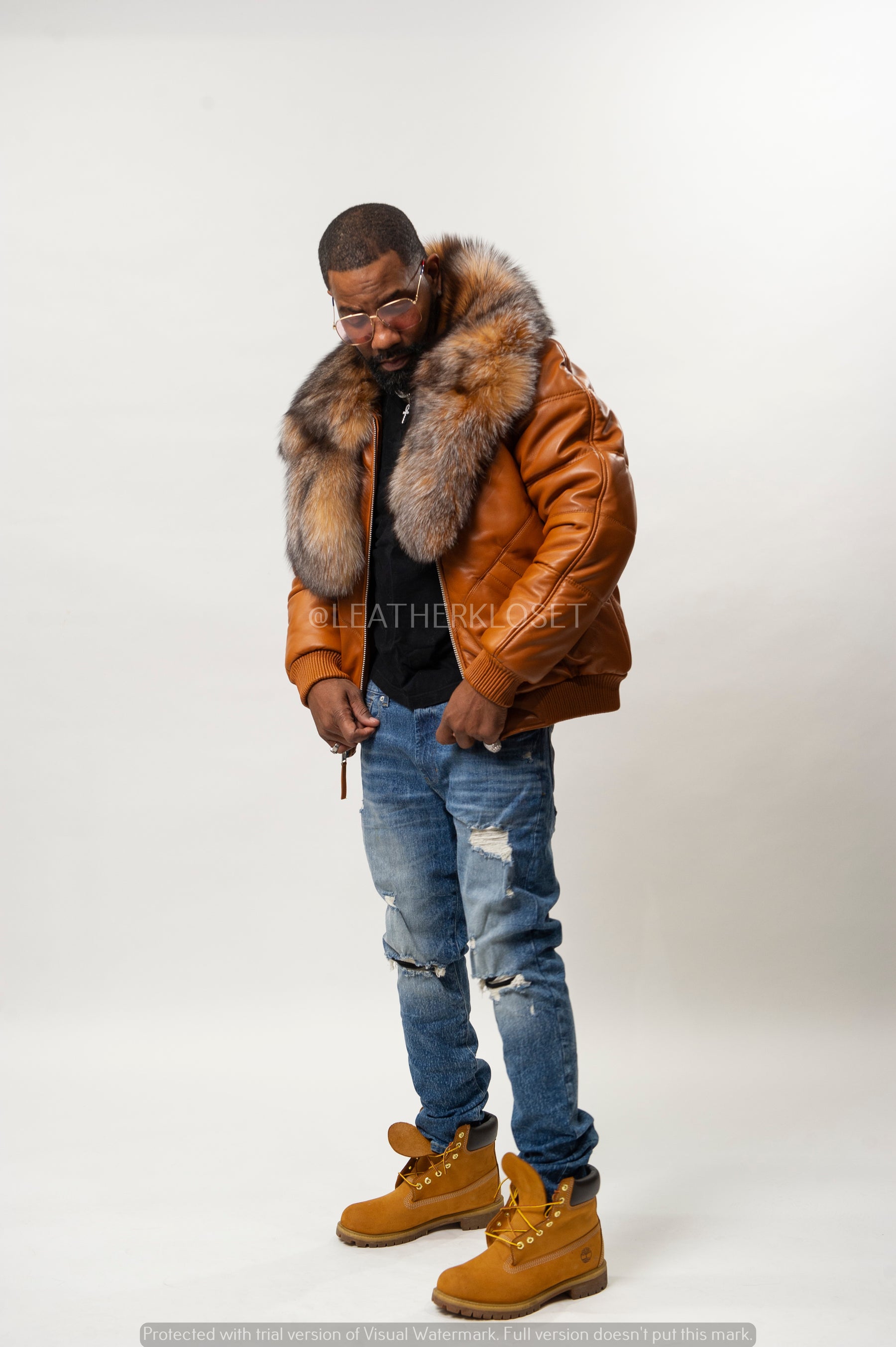 V-Bomber Leather Premium Full Fox Fur Collar [Saddle Brown