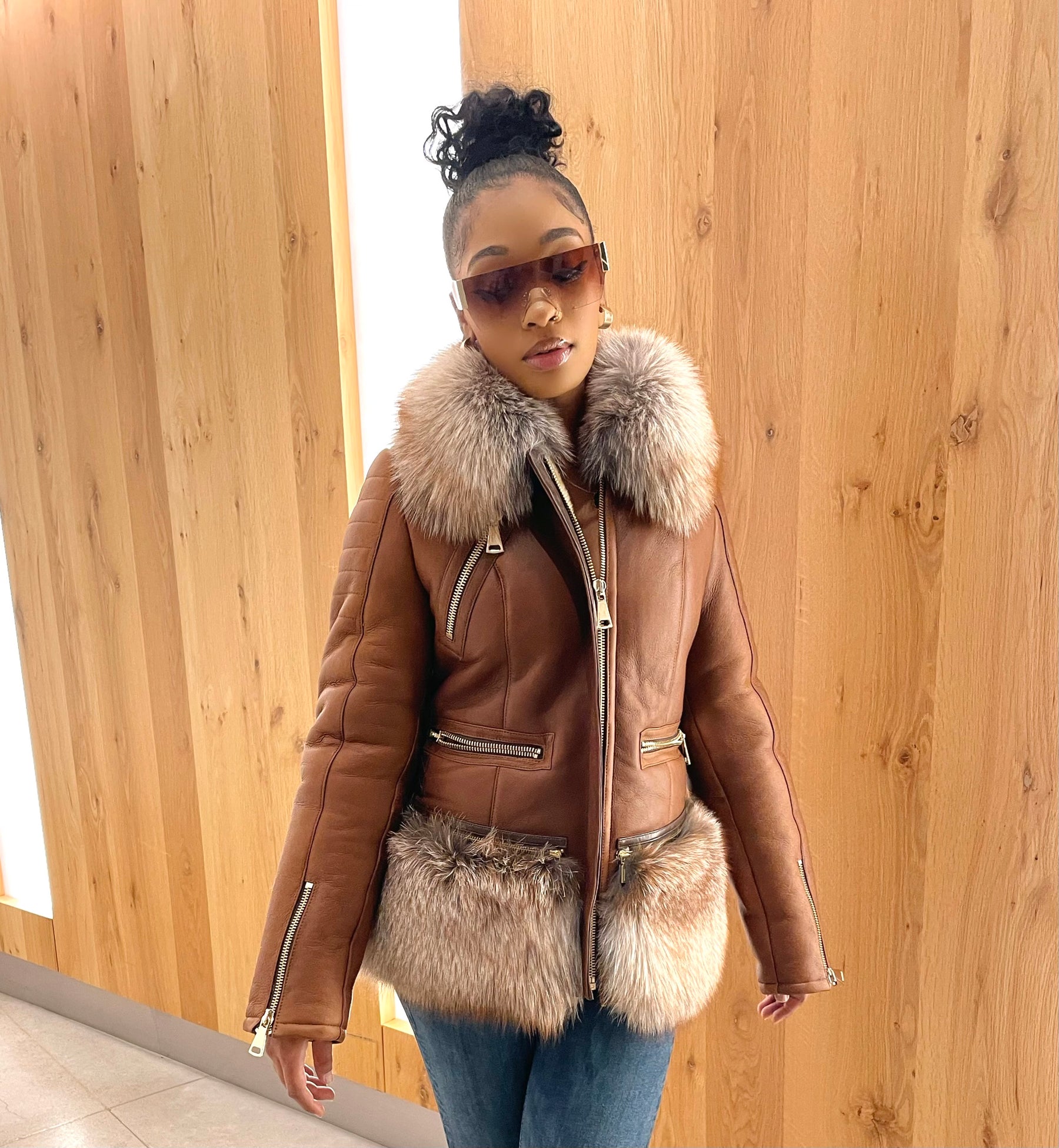 Women's Sophia Real Sheepskin Jacket With Fox [Tan] – LeatherKloset