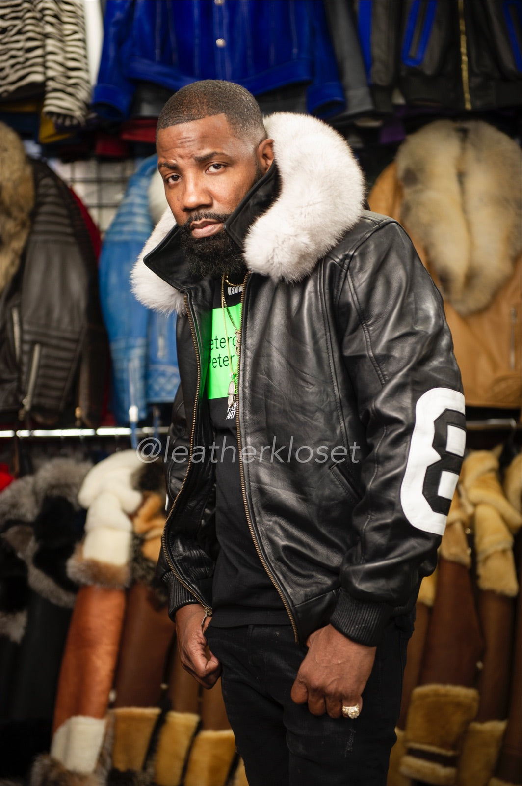 Men's 8 Ball Leather Jacket With Fox Hood [Black/White