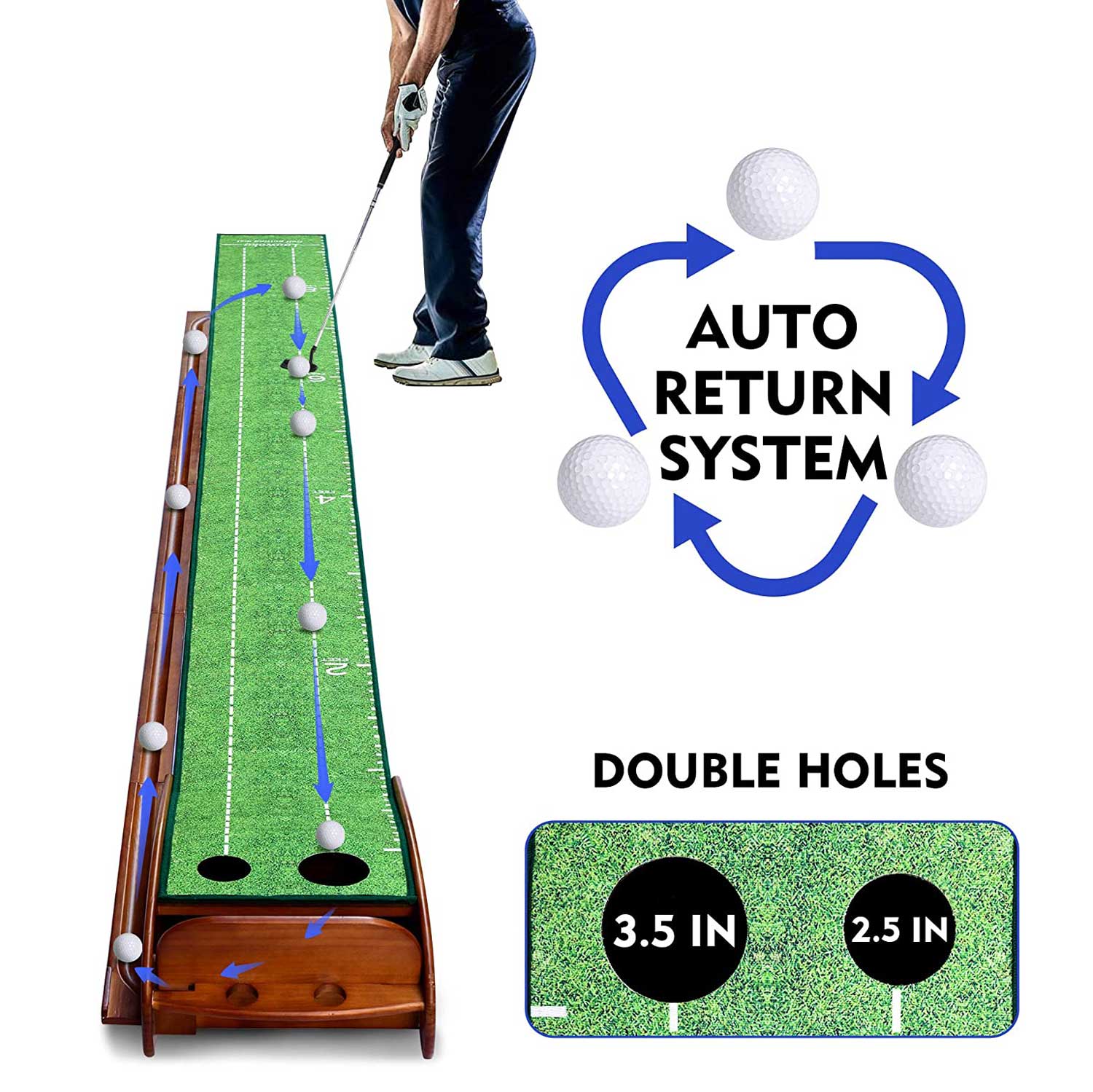 Lesmart Indoor Wood Golf Putting Green Mat with Auto Ball Return Syste