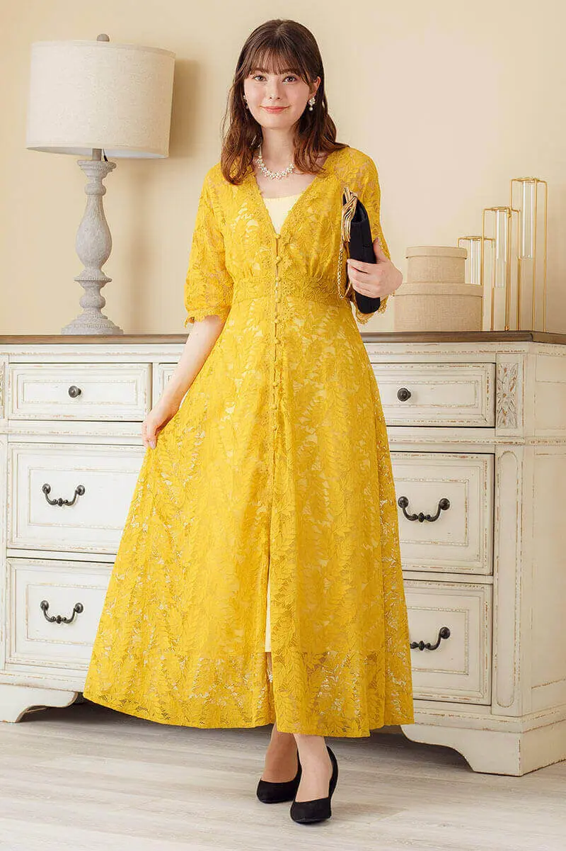 イエローのフロントボタンレースドレス | smeralda | M | 結婚式