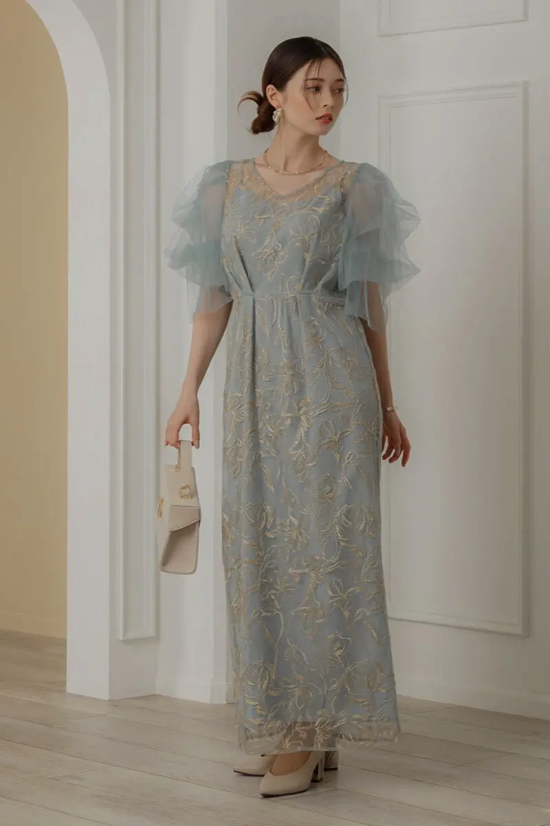 ブルーのフラッフィースリーブペンシルドレス | LE' RURE | M | 結婚式