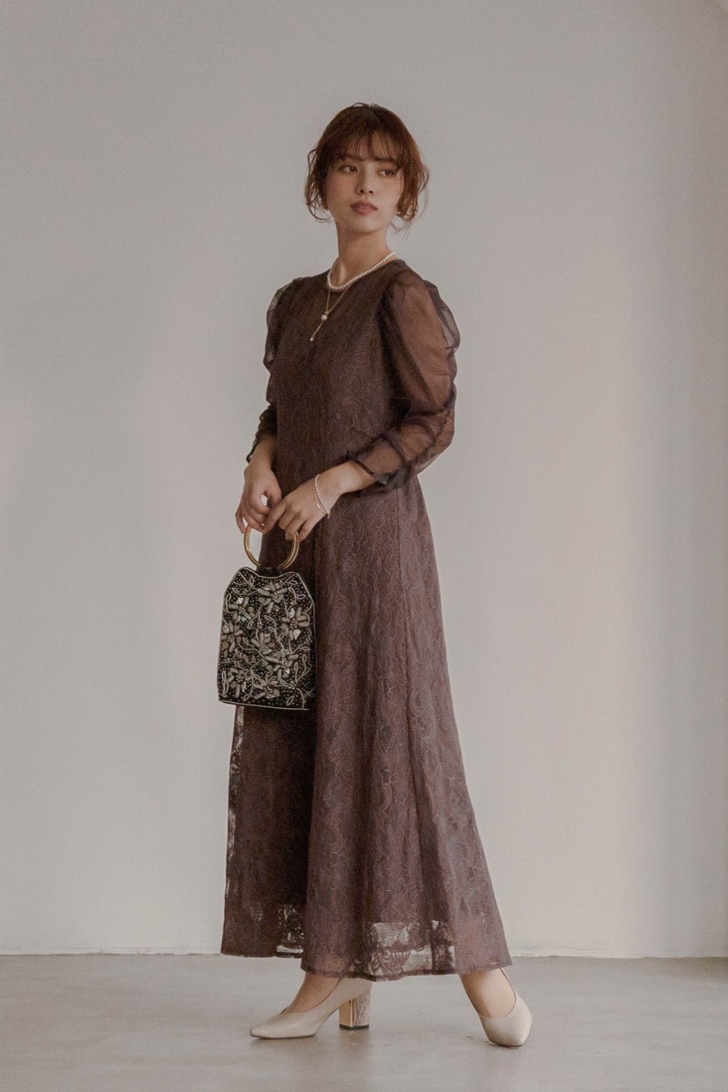 チャコールのギャザースリーブレースドレス | Dorry doll | M | 結婚式