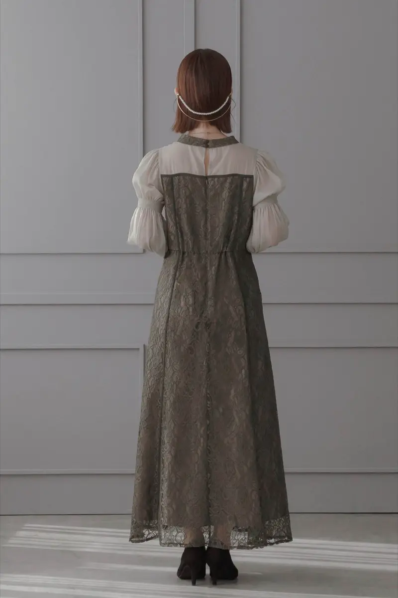 カーキのシャーリングスリーブジャガードドレス | Dorry doll | M