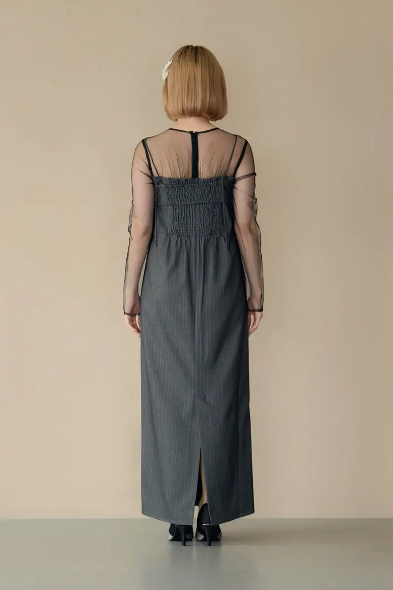 グレーのフリルビスチェストライプドレス | LE' RURE | M | 結婚式