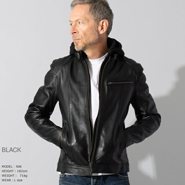 Liugoo Leathers 本革 フード付シングルライダース メンズ リューグー