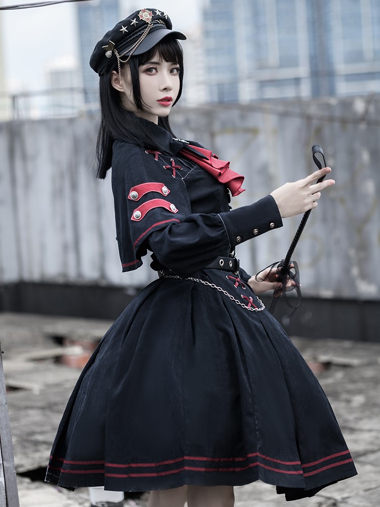 軍服ロリータ】赤リボン×チェーンポリス制服ワンピース 軍服ロリータ