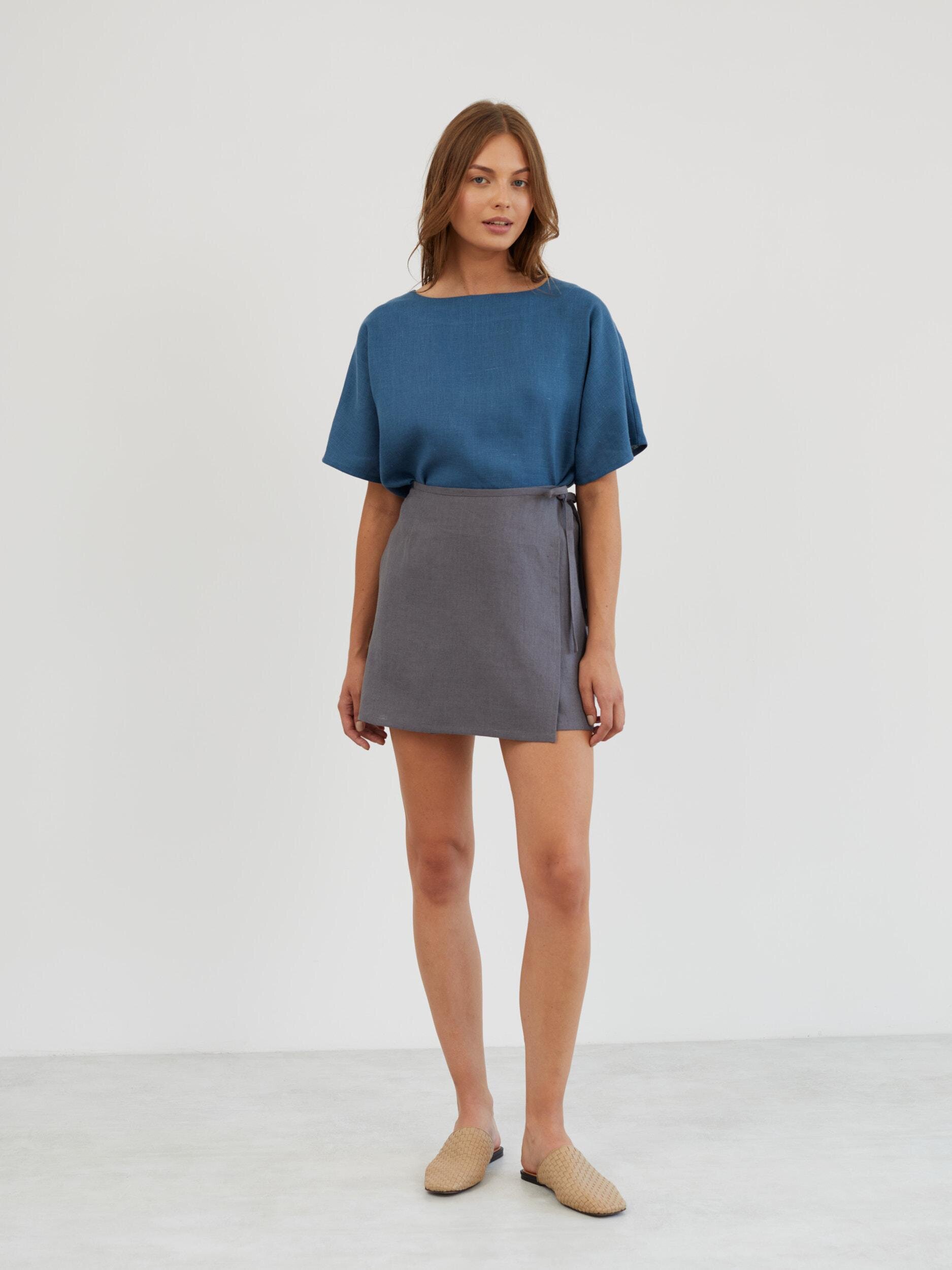 Linen Wrap Mini Skirt in Light Grey ANNALISE