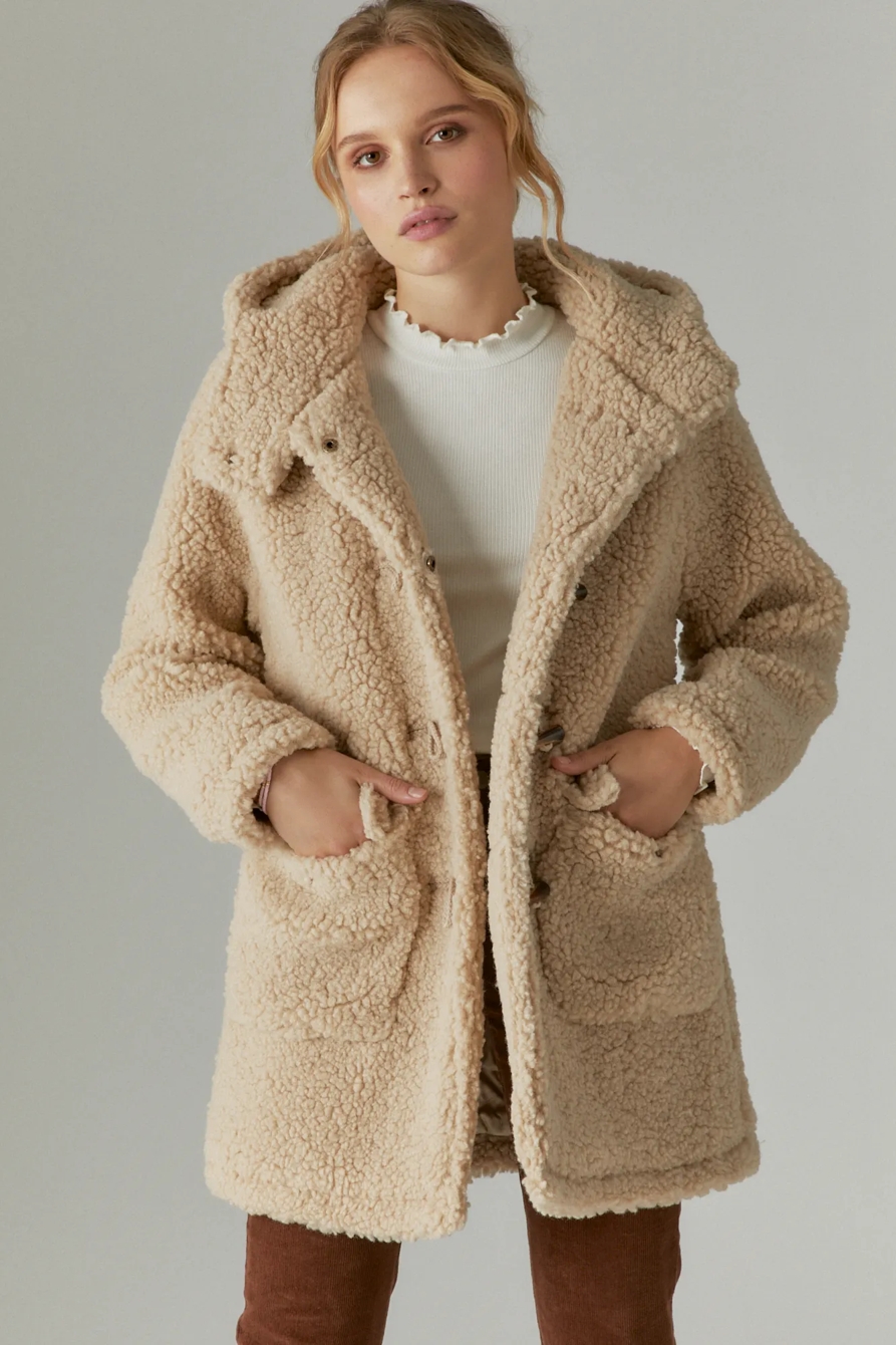 LONG HOODED FAUX SHEARLING TOGGLE COAT | Lucky Brand