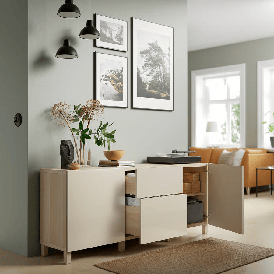 BESTA Storage combination with drawers, white stained oak/high