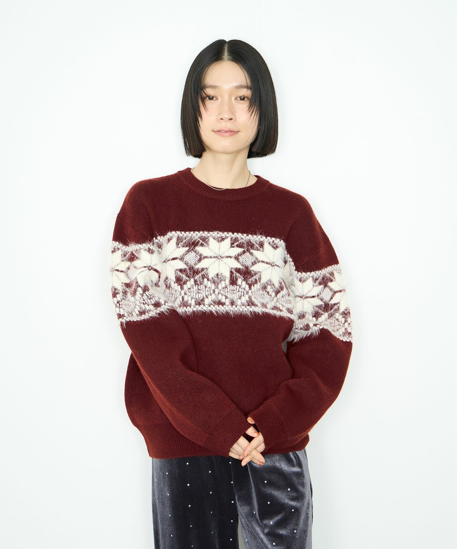 Idnes 雪柄シャギーニット レディース