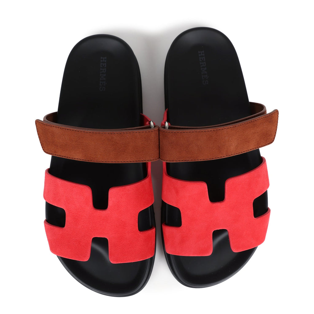 Hermes Chypre Techno Sandal Rouge Cinetique & Gold Suede Palladium Har