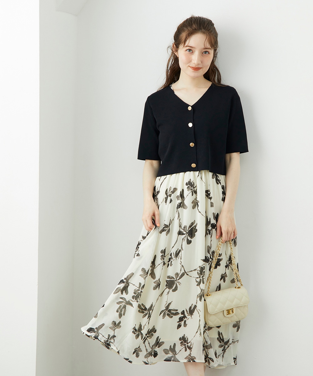 クロップドカーデ×花柄フレンチワンピースセット - 12Twelve Agenda