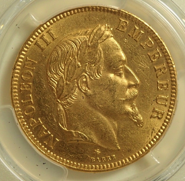フランスのナポレオン3世時代に発行された100フラン金貨（有冠