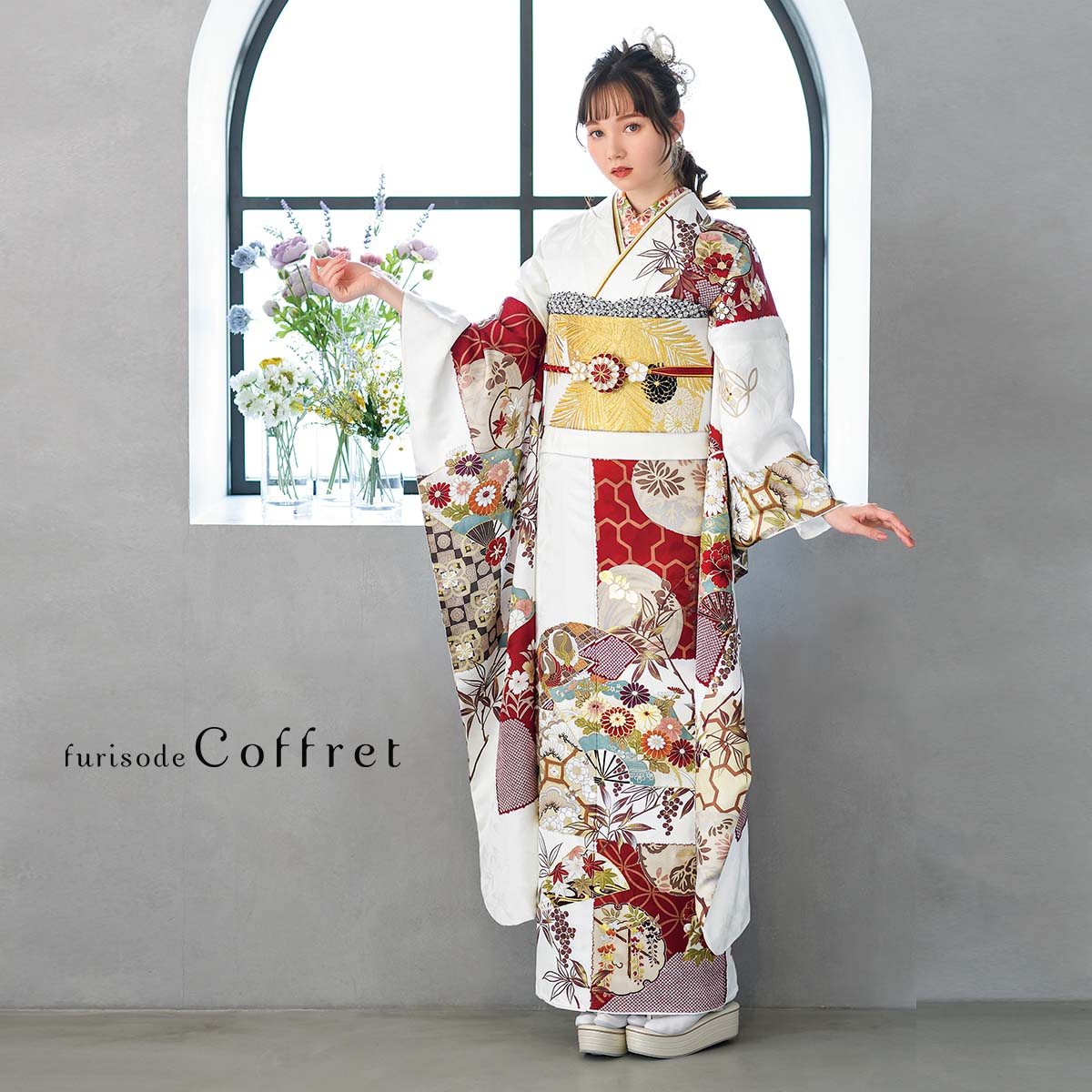 Coffret 白 扇面市松模様（【振袖・袋帯・長襦袢のセット商品です
