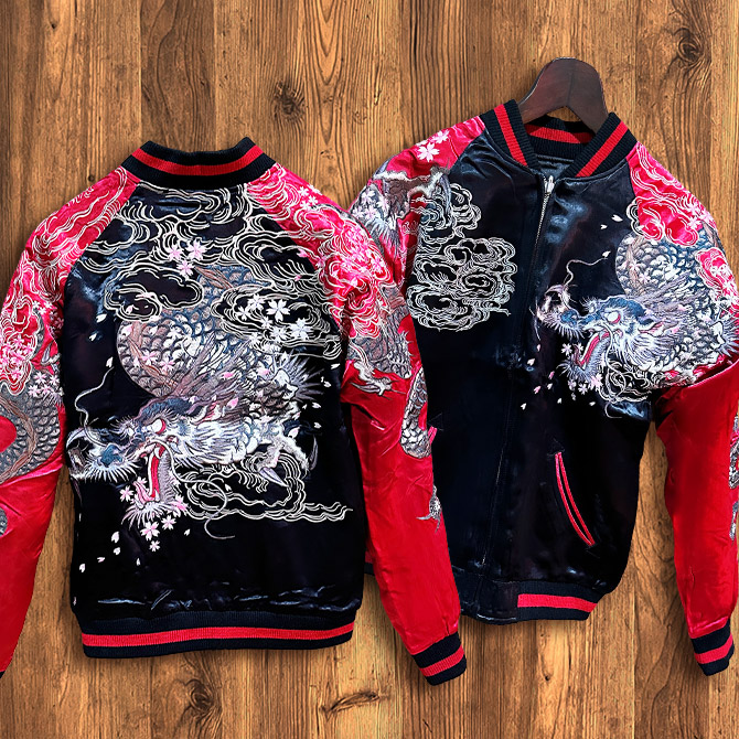 Mサイズ]桜暴れ龍柄刺繍リバーシブルスカジャン｜和柄 龍スカジャン