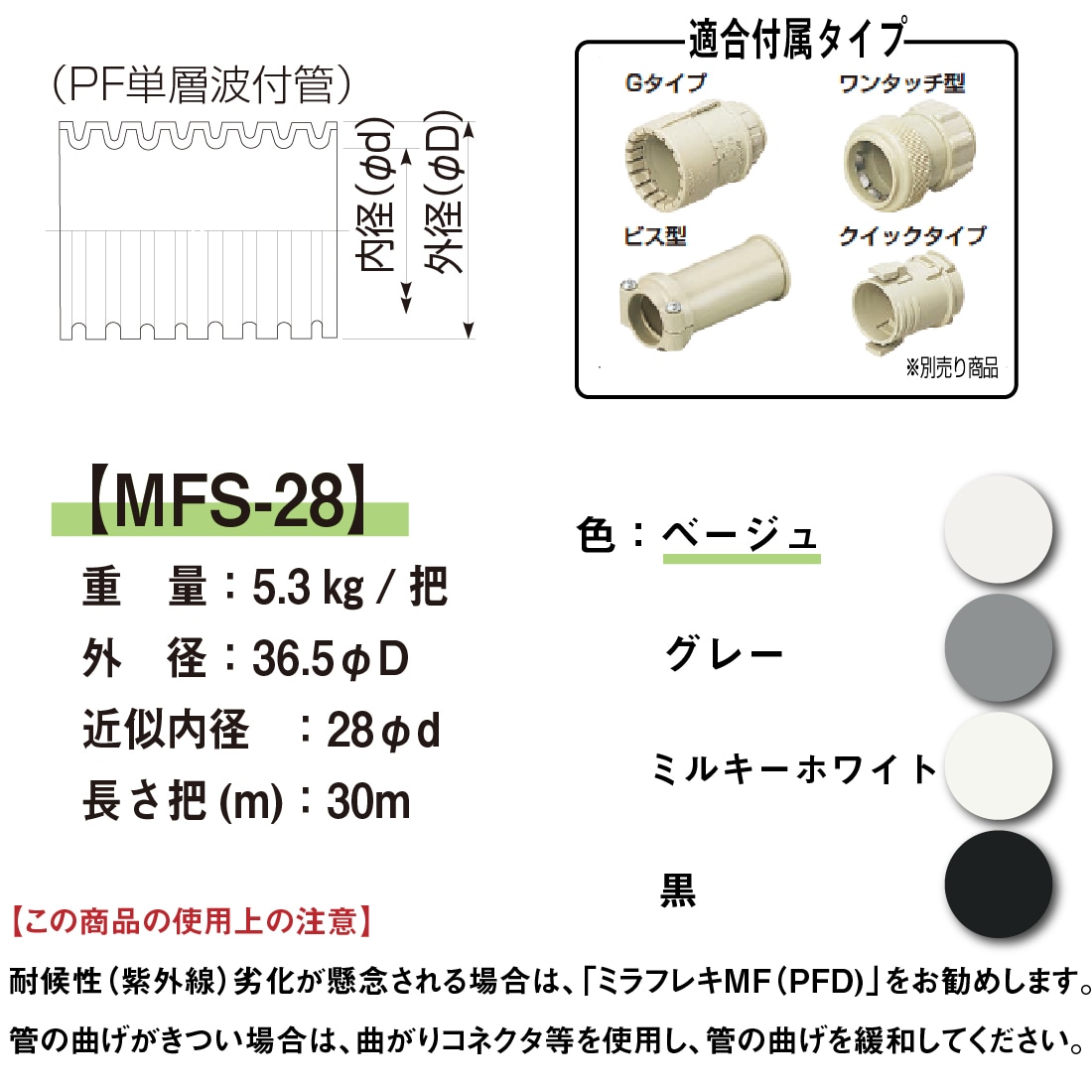 法人限定】MFS-28 30m ミラフレキSS（PFS) PF単層波付管・合成樹脂製可