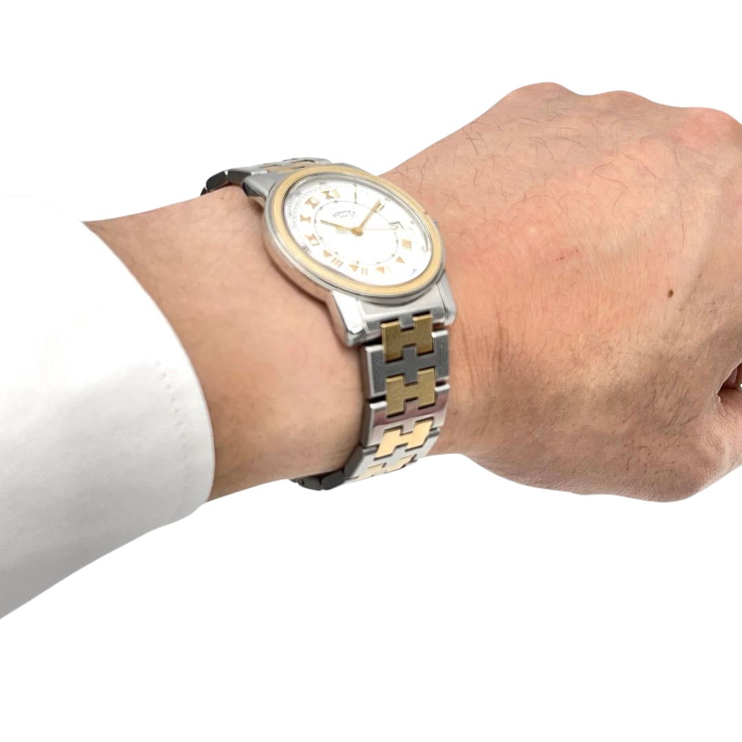 HERMES エルメス メンズ腕時計 キャリック QZ SS GP コンビ シルバー