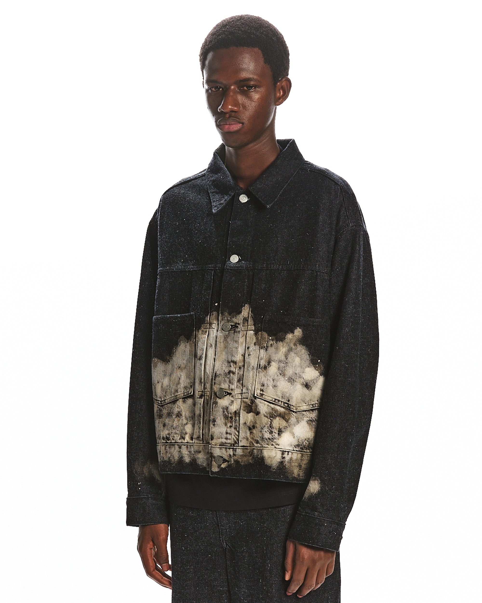 KIMONO DENIM SHORT DENIM JACKET, Black Cloudy Bleaching – MARKAWARE