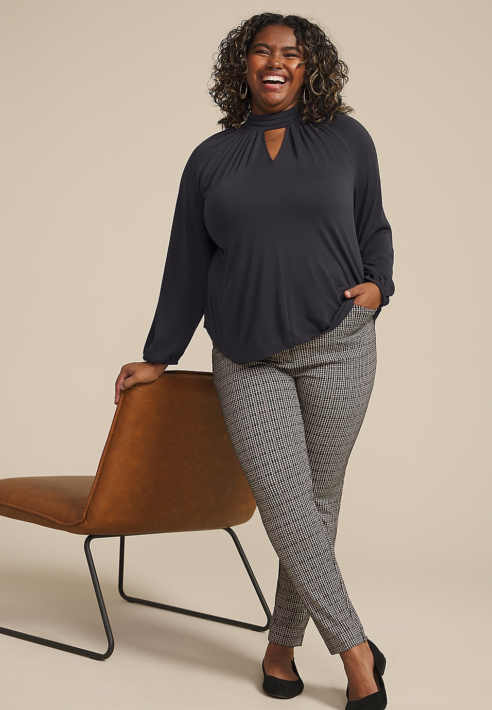 Plus Size Keyhole Neck Blouson Sleeve Blouse | maurices