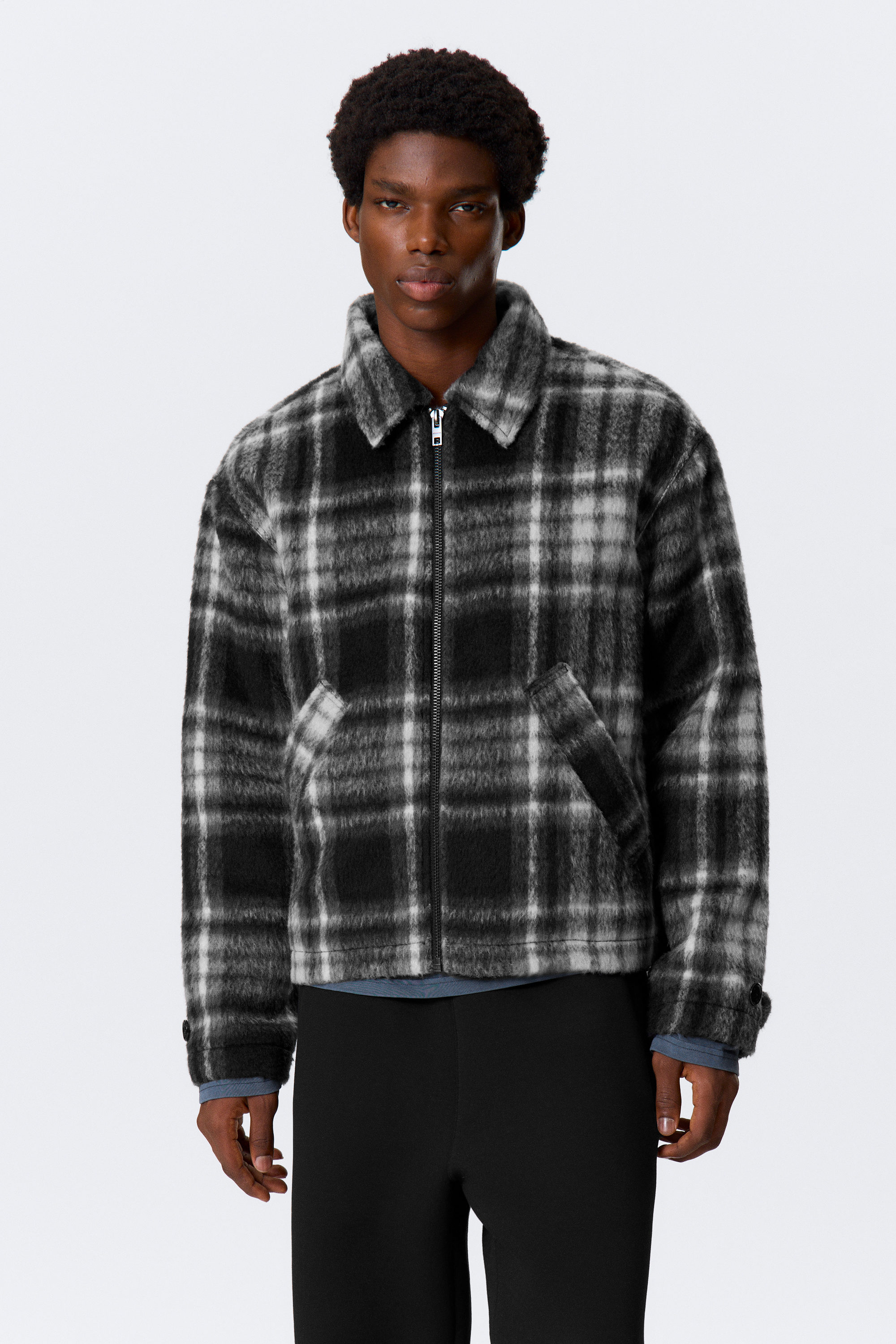 relaxed wool-blend zip jacket - Black Check | Weekday EU