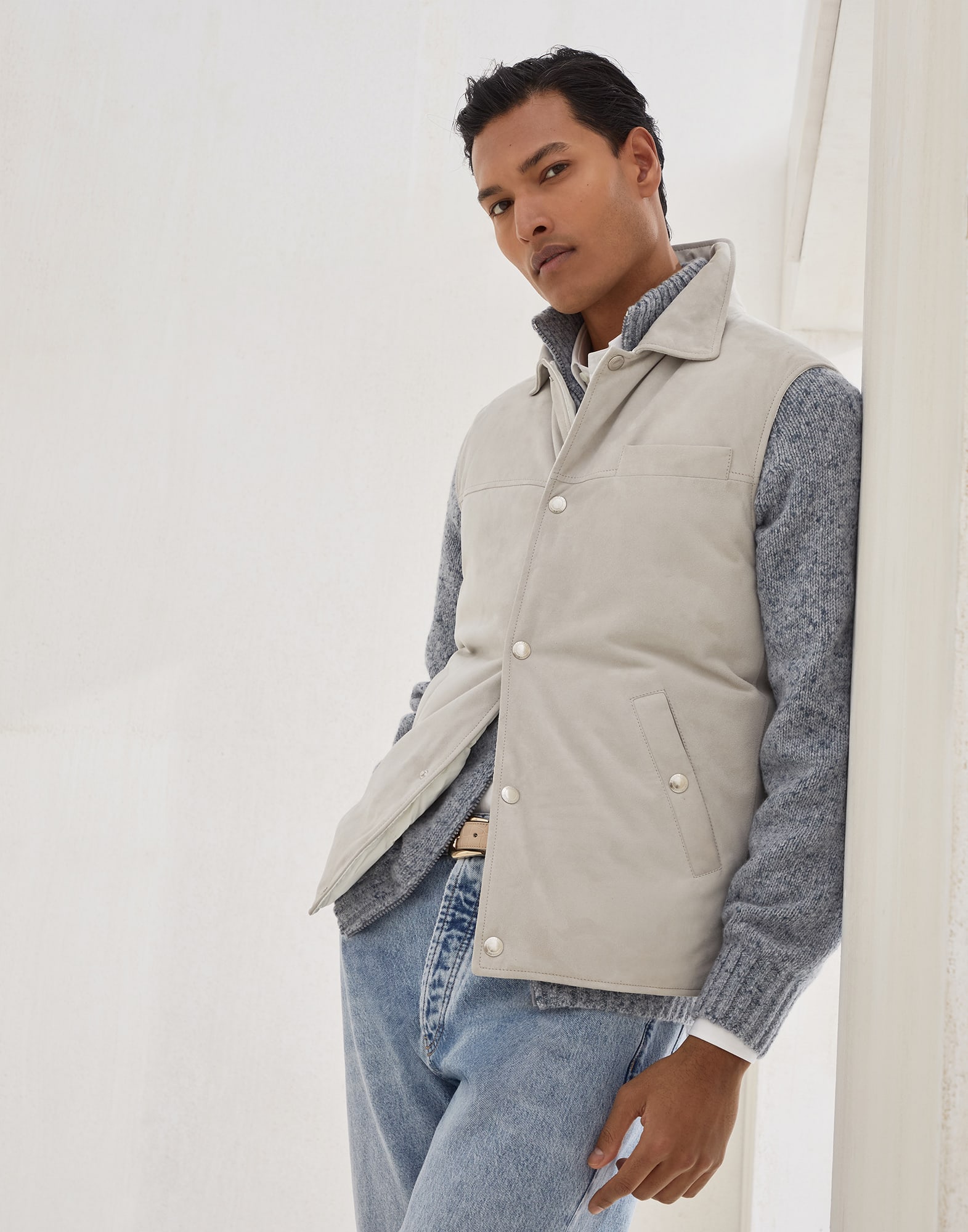 Suede down vest for Man in Ivory | Brunello Cucinelli