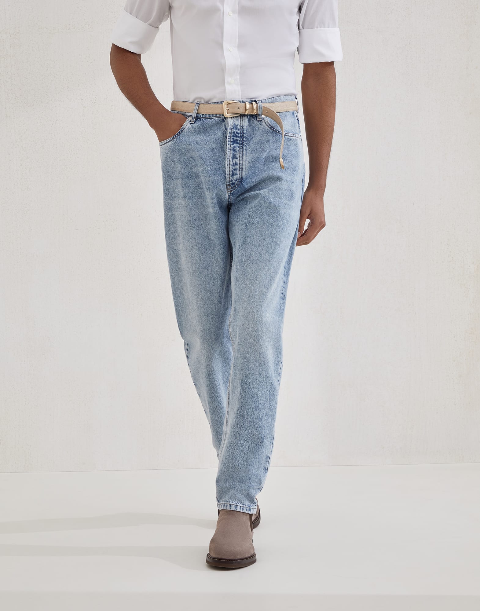 Iconic fit five-pocket trousers for Man in Light Blue Denim
