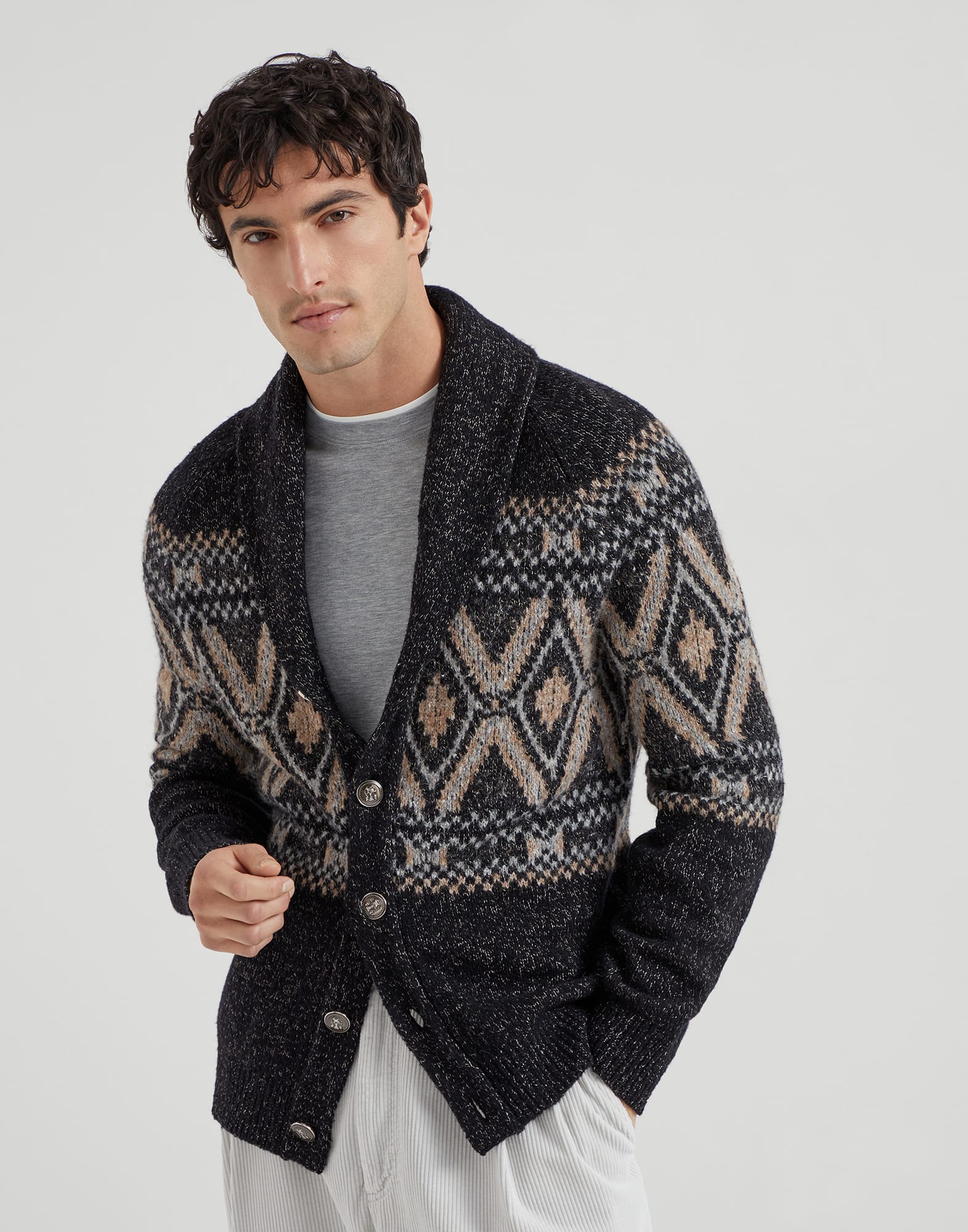 Cardigan with metal buttons for Man in Black | Brunello Cucinelli