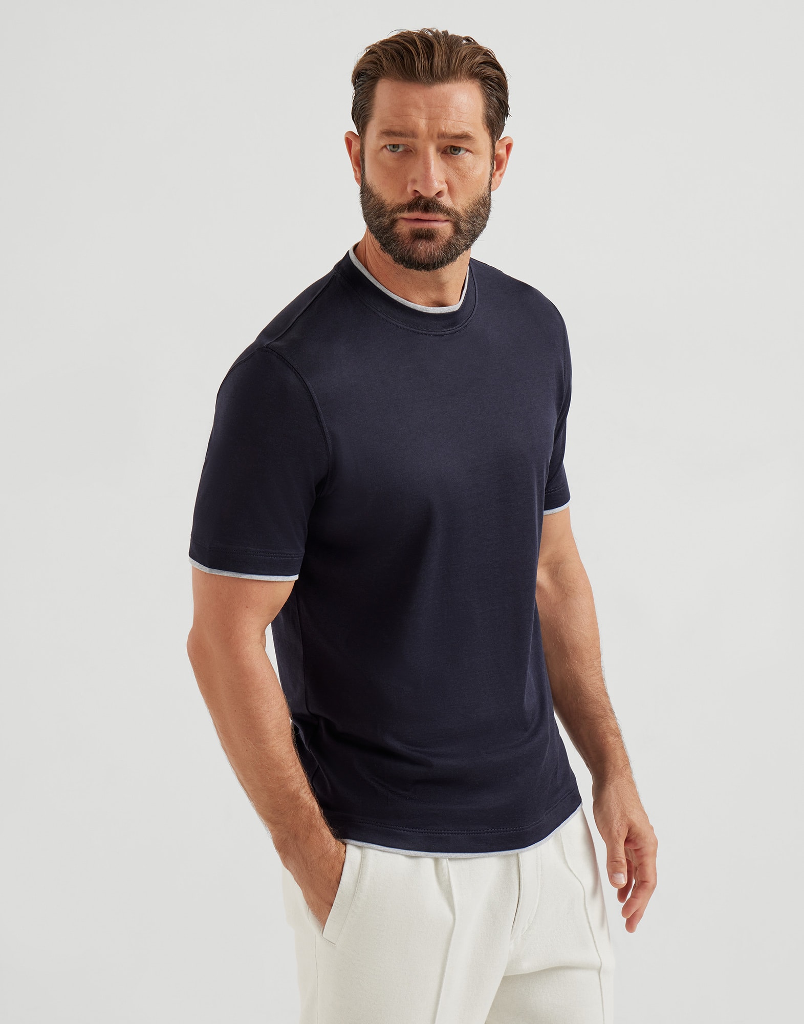 メンズ 向け ネイビーブルー フェイクレイヤリング Tシャツ | Brunello