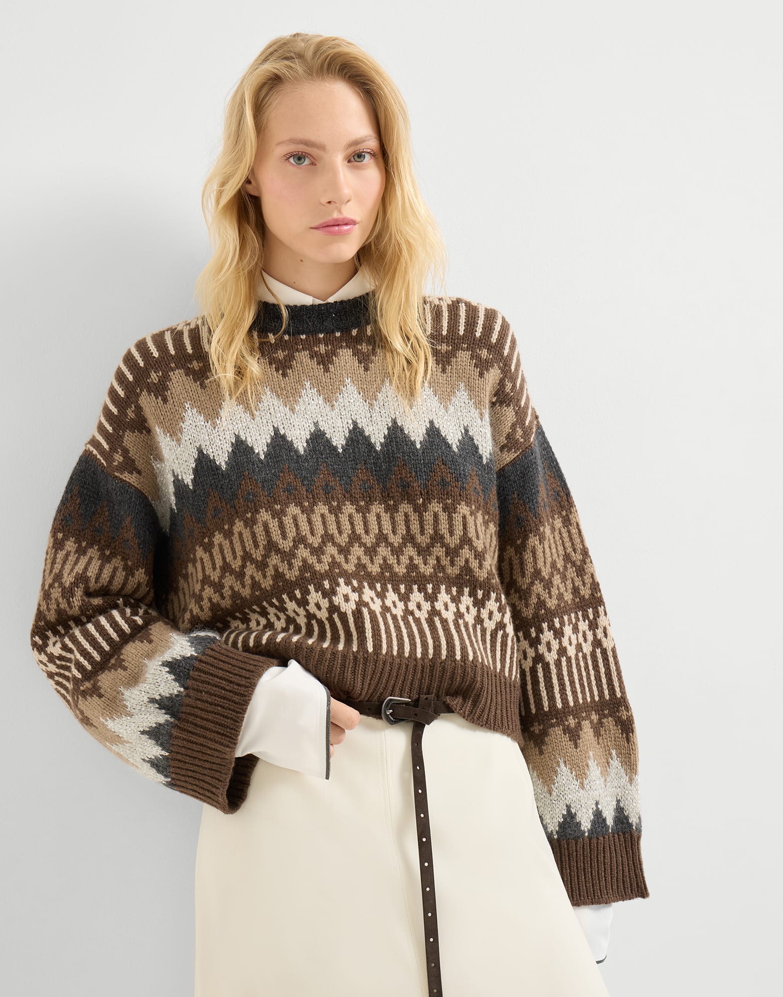 Dazzling mountain jacquard sweater for Woman in Brown | Brunello